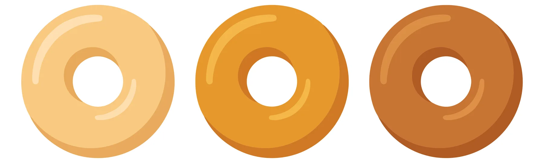 set of three glossy doughnuts in different shades of brown and beige isolated on white background