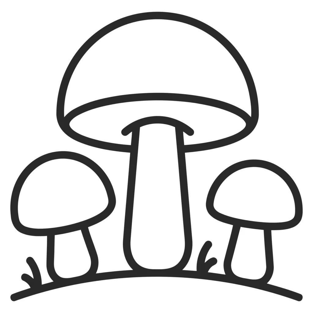 set of three mushrooms growing on a patch of grass