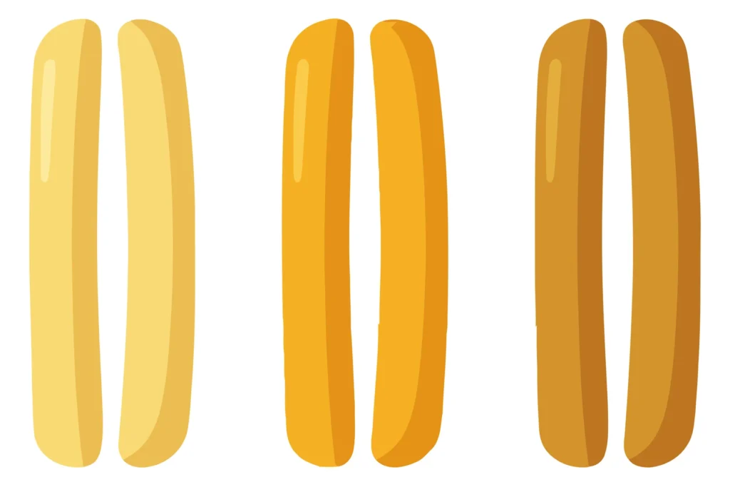 set of three pairs of french fries with different levels of browning, ranging from light yellow to golden and dark brown, cartoon style illu