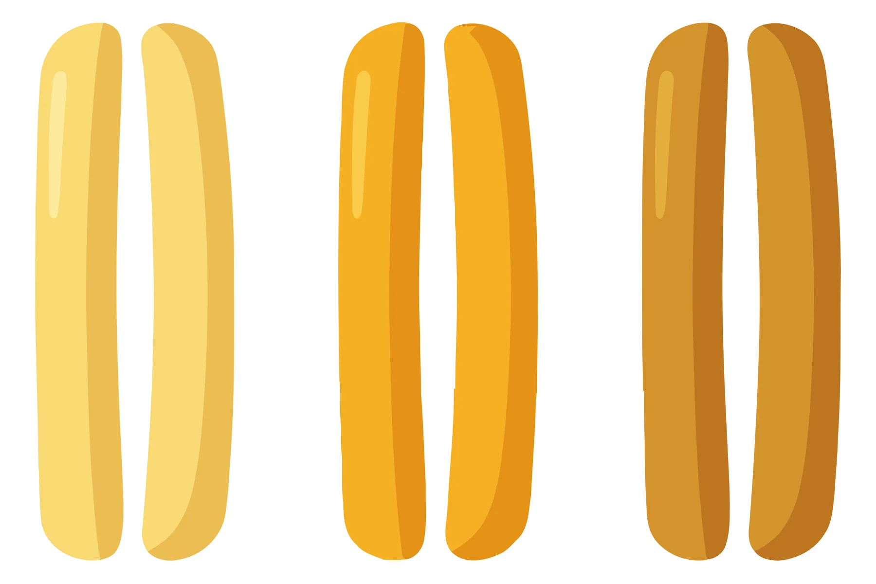set of three pairs of french fries with different levels of browning, ranging from light yellow to golden and dark brown, cartoon style illu
