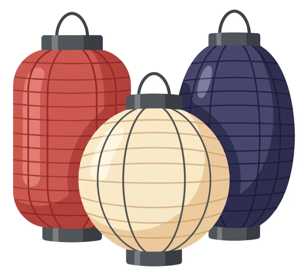 Three Traditional Japanese Paper Lanterns in Red, White, and Blue set of three traditional japanese paper lanterns