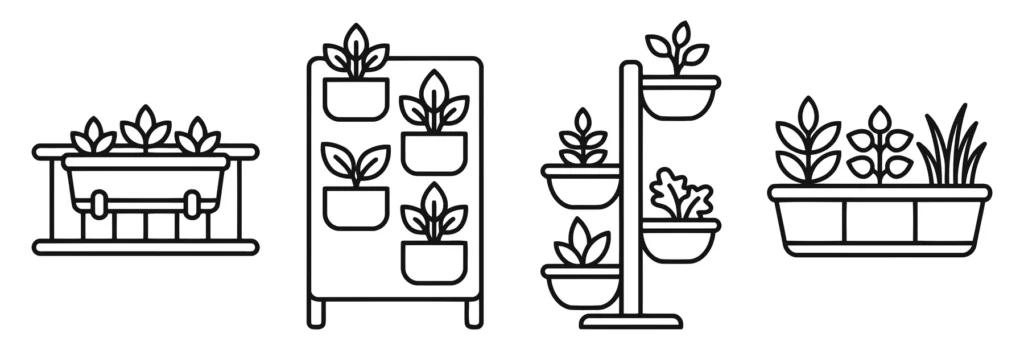 set of vertical gardening and balcony plant icons, linear style
