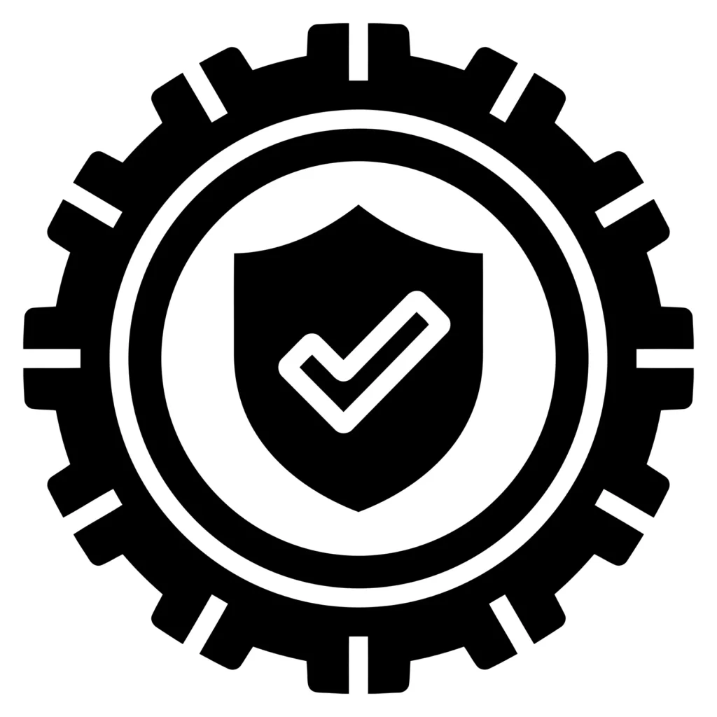 shield with a checkmark inside a gear icon, representing secure settings, verified security, and system protection, flat vector design eleme