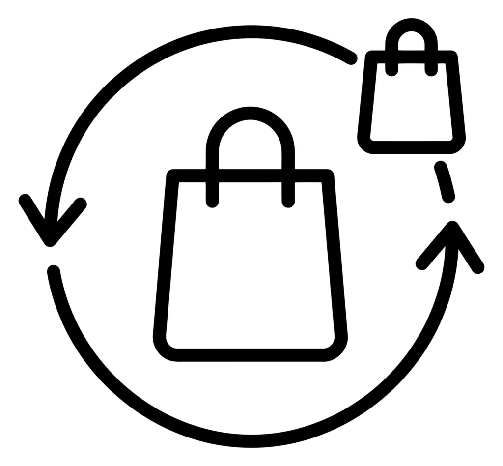 shopping bag icon with circular arrow, representing repeat purchase or return policy