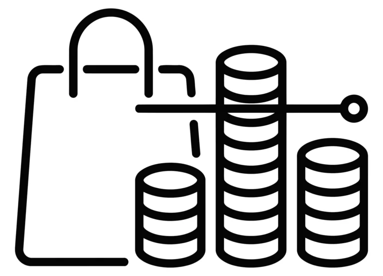 shopping bag icon with stacks of coins representing financial transactions, retail spending, or budget management