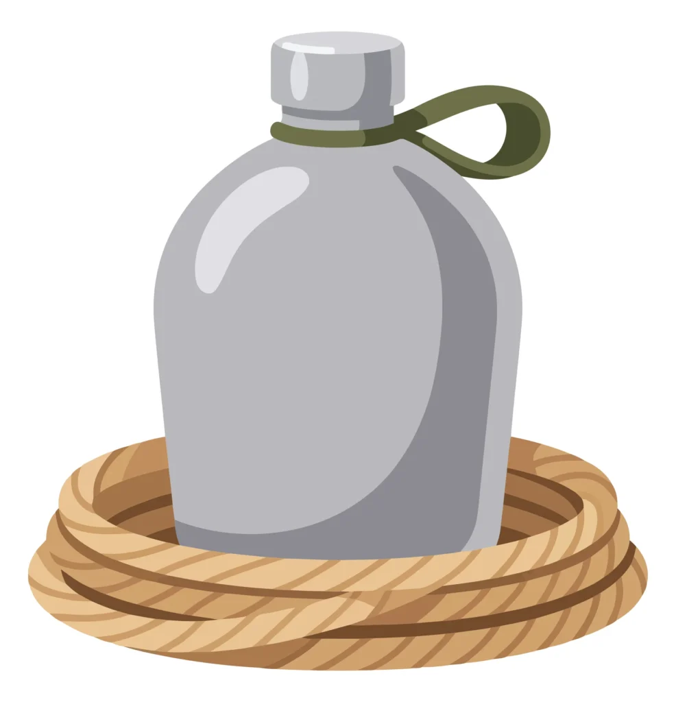 silver canteen water flask standing in a coiled brown rope