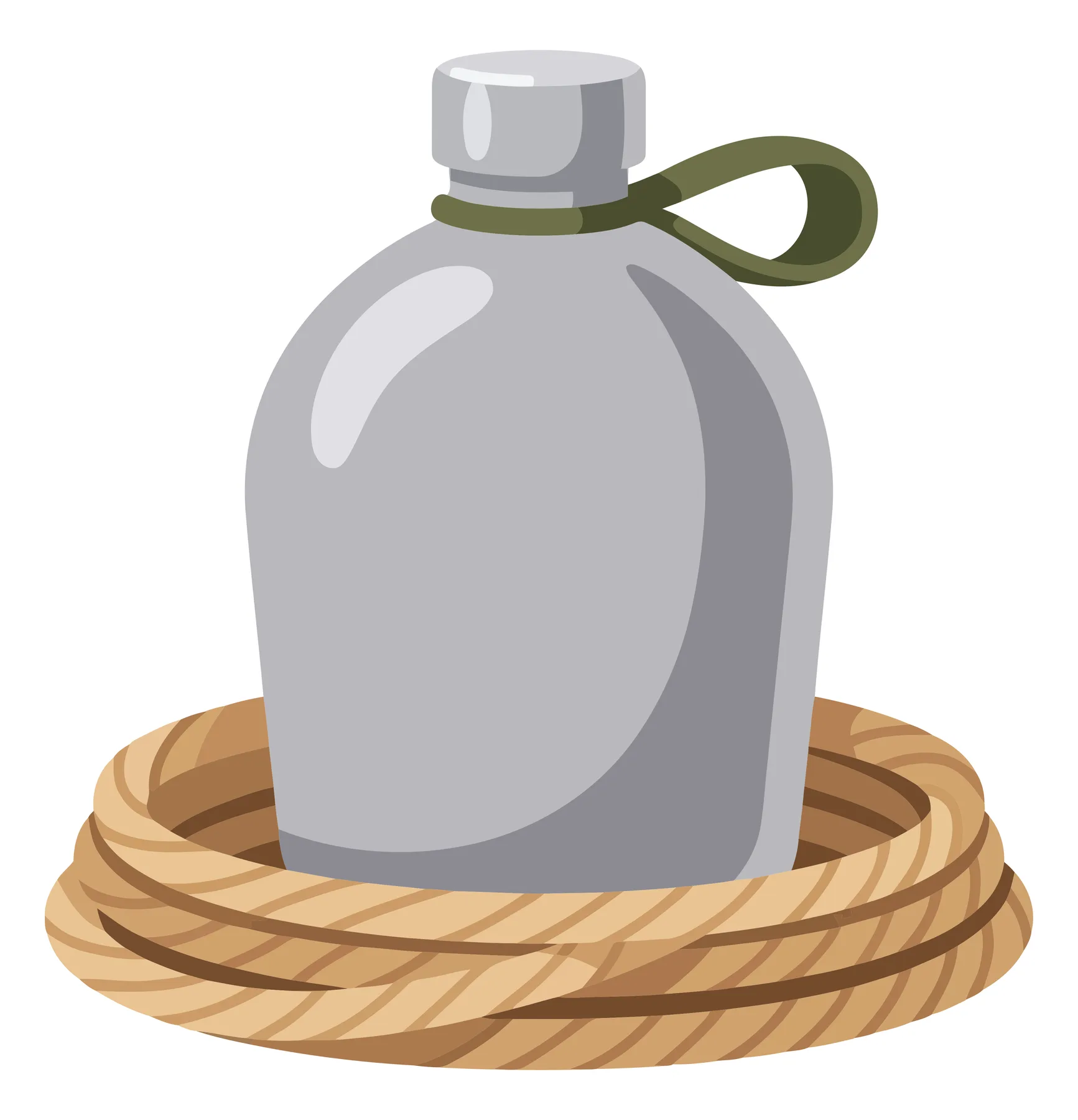 silver canteen water flask standing in a coiled brown rope