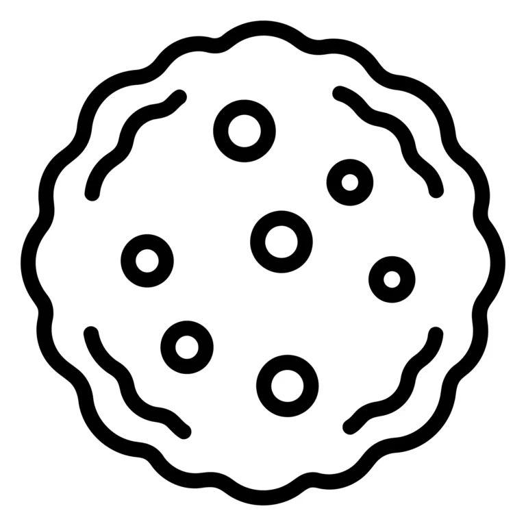 simple line art icon of a round cookie with chocolate chips
