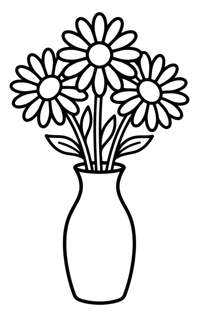 simple line art illustration of three daisies in a classic vase
