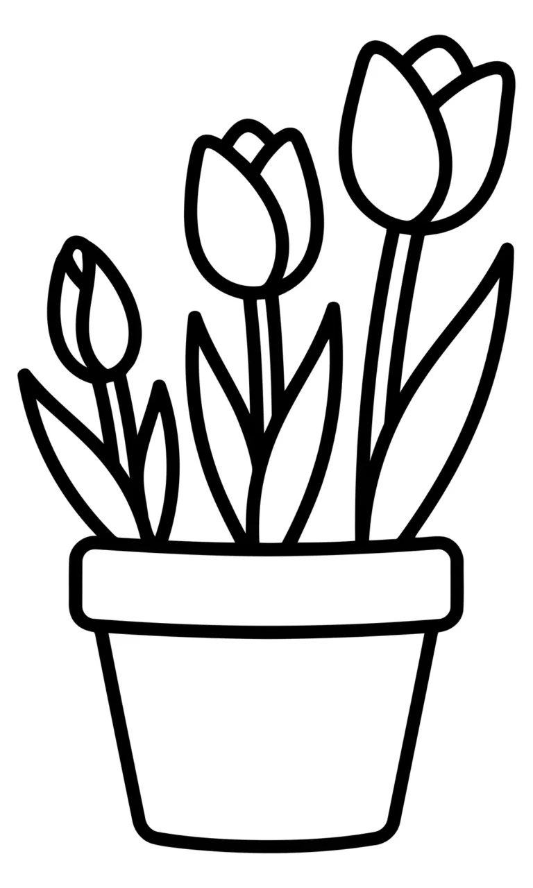 simple line art illustration of three tulips in a flower pot