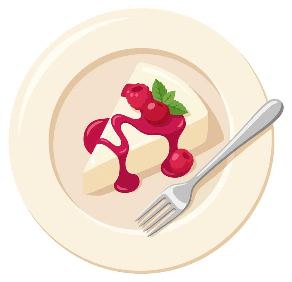 slice of cheesecake with red berry sauce and fresh raspberries on a plate with fork