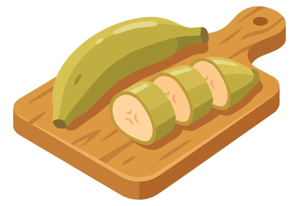 sliced banana on a wooden cutting board, isolated on white background