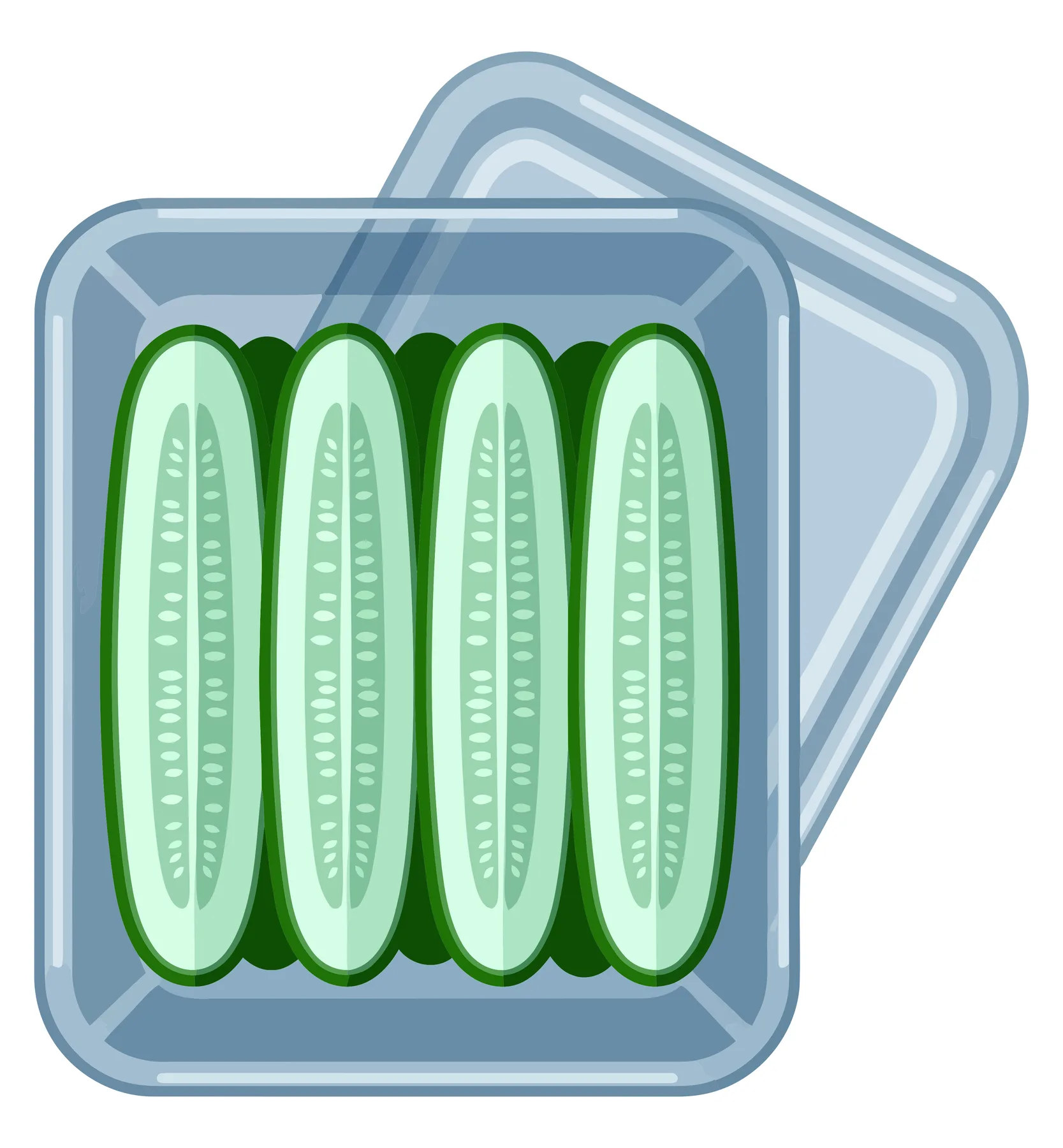 sliced cucumbers neatly arranged in a clear plastic container with its lid beside it, isolated on white background
