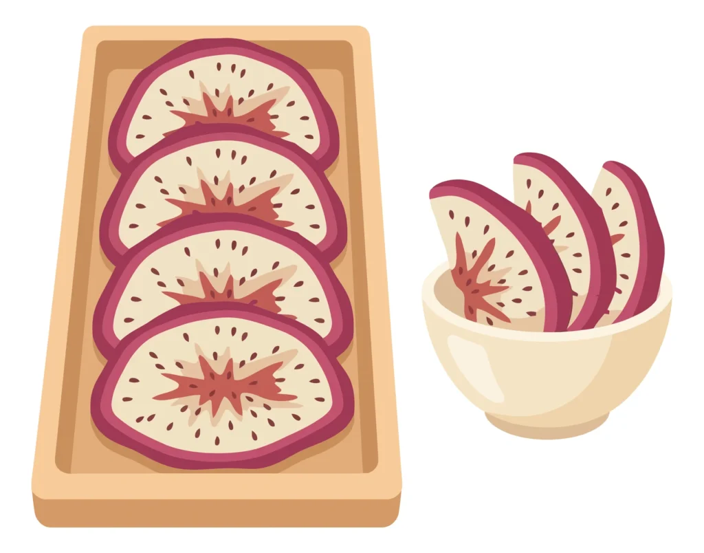 sliced dragon fruit in a wooden box and bowl vector illustration