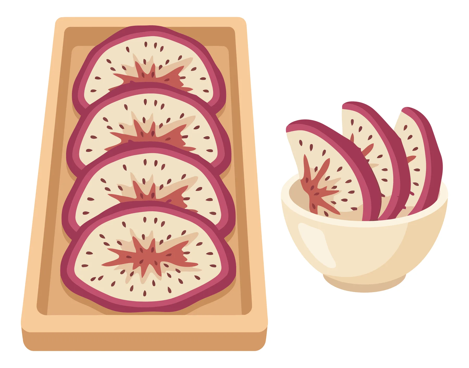 sliced dragon fruit in a wooden box and bowl vector illustration