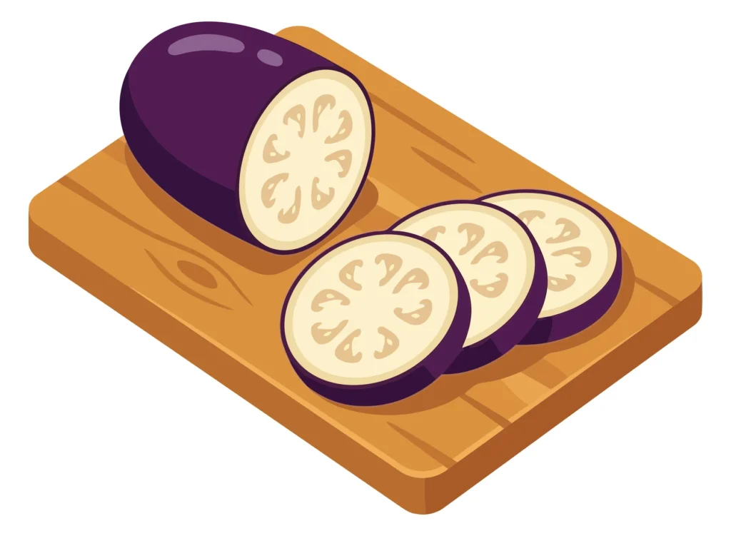 sliced eggplant on wooden cutting board, vector illustration, isolated on white background