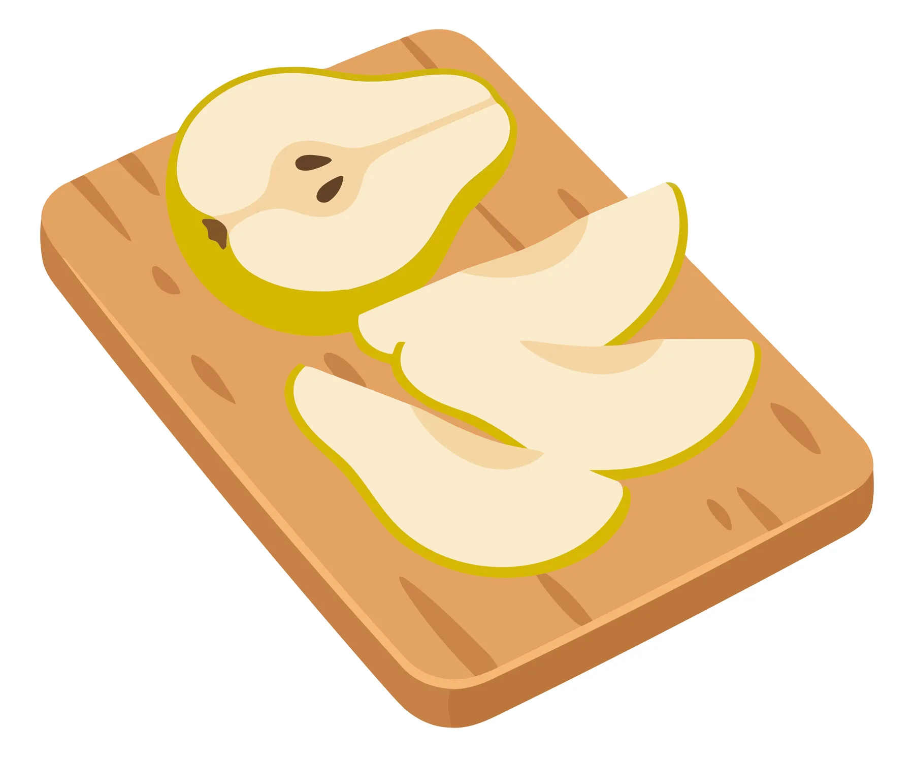 sliced pear on a wooden cutting board