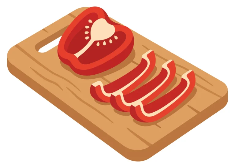 sliced red bell pepper on a wooden cutting board, isolated on white background