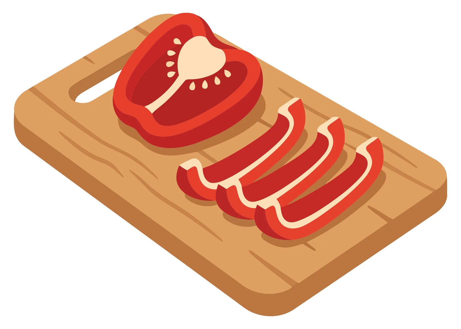sliced red bell pepper on a wooden cutting board, isolated on white background