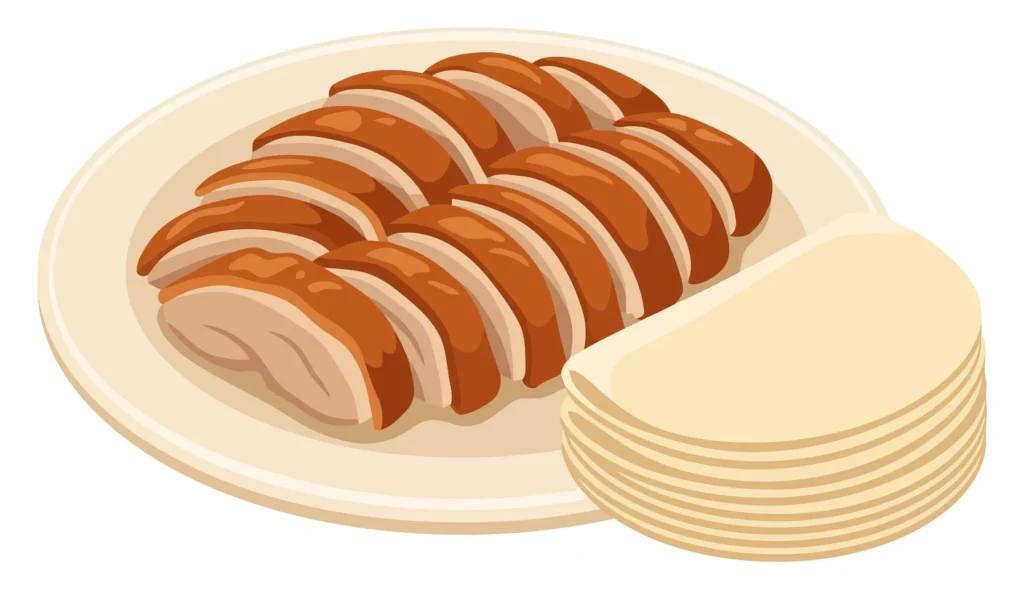sliced roasted duck with thin pancakes isolated on white background