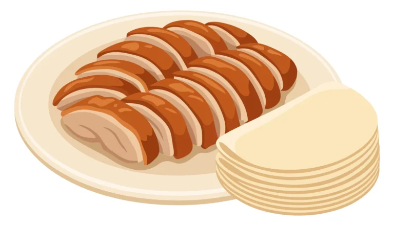 sliced roasted duck with thin pancakes isolated on white background