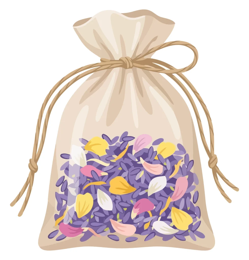 small fabric sachet bag filled with dried lavender flowers and colorful flower petals