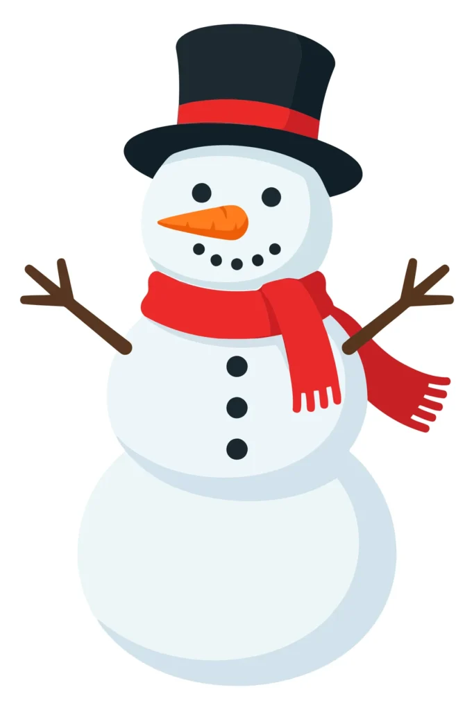 snowman wearing a black top hat and a red scarf