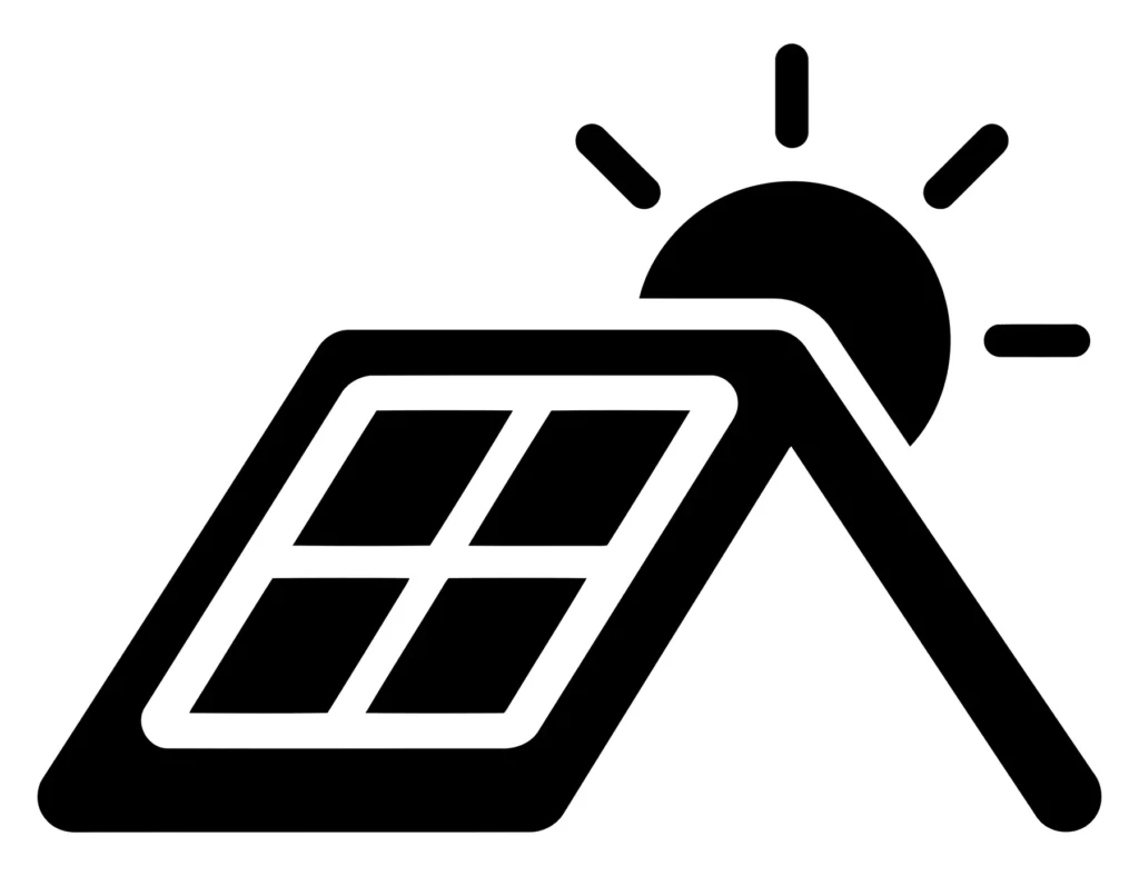 solar panel icon on a roof with a sun in the background, representing renewable energy, sustainable home power, and green technology solutio