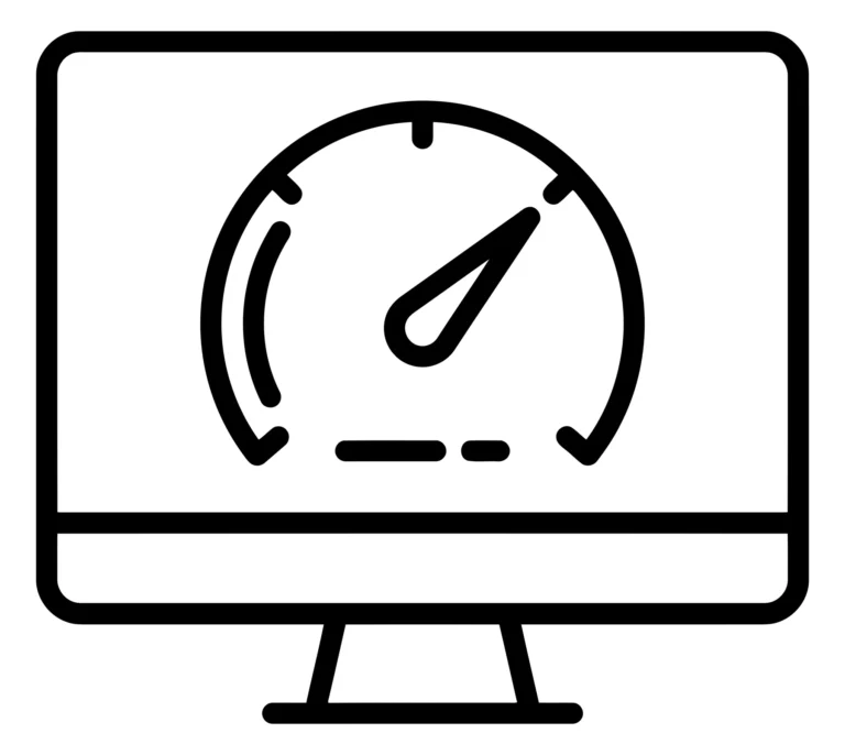 speedometer on computer monitor screen icon, representing performance monitoring, system speed, and digital analytics