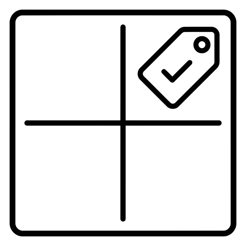 square icon with a grid and a tag symbol with a checkmark, representing categorized or labeled content