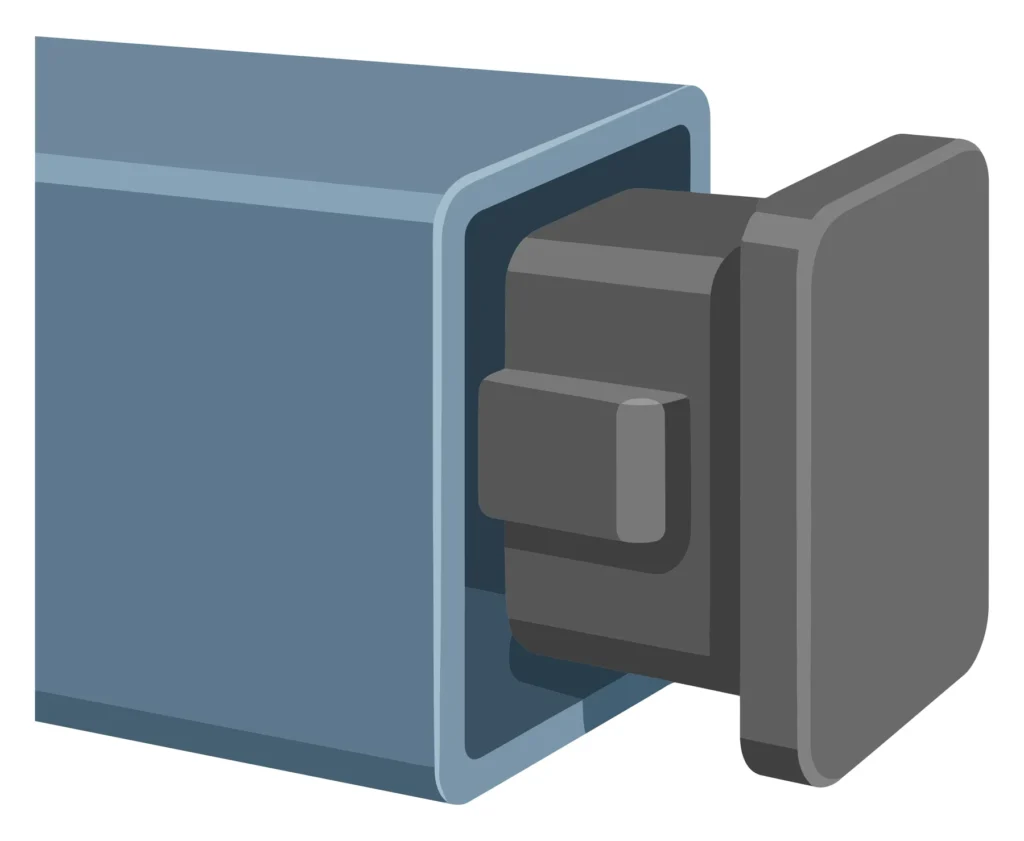 square plastic end cap inserted into a metal tube profile