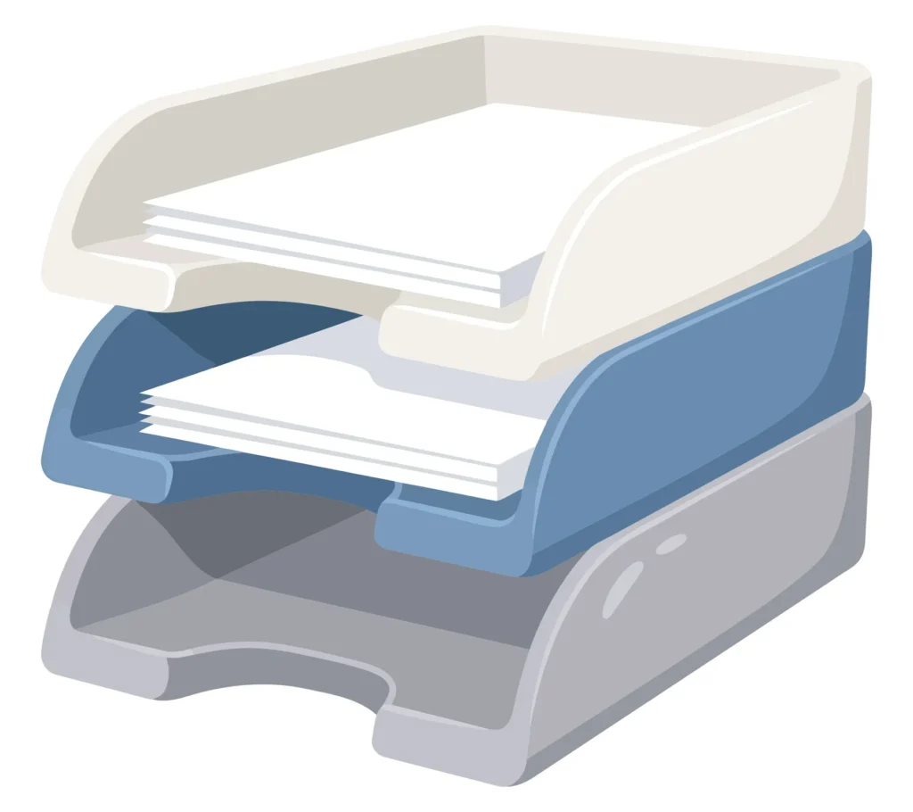 stack of three plastic office document trays with paper