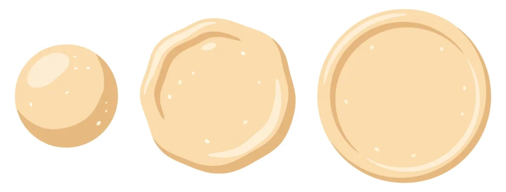 step by step illustration of stretching pizza dough from a ball to a flat crust