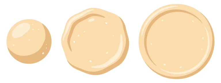 step by step illustration of stretching pizza dough from a ball to a flat crust