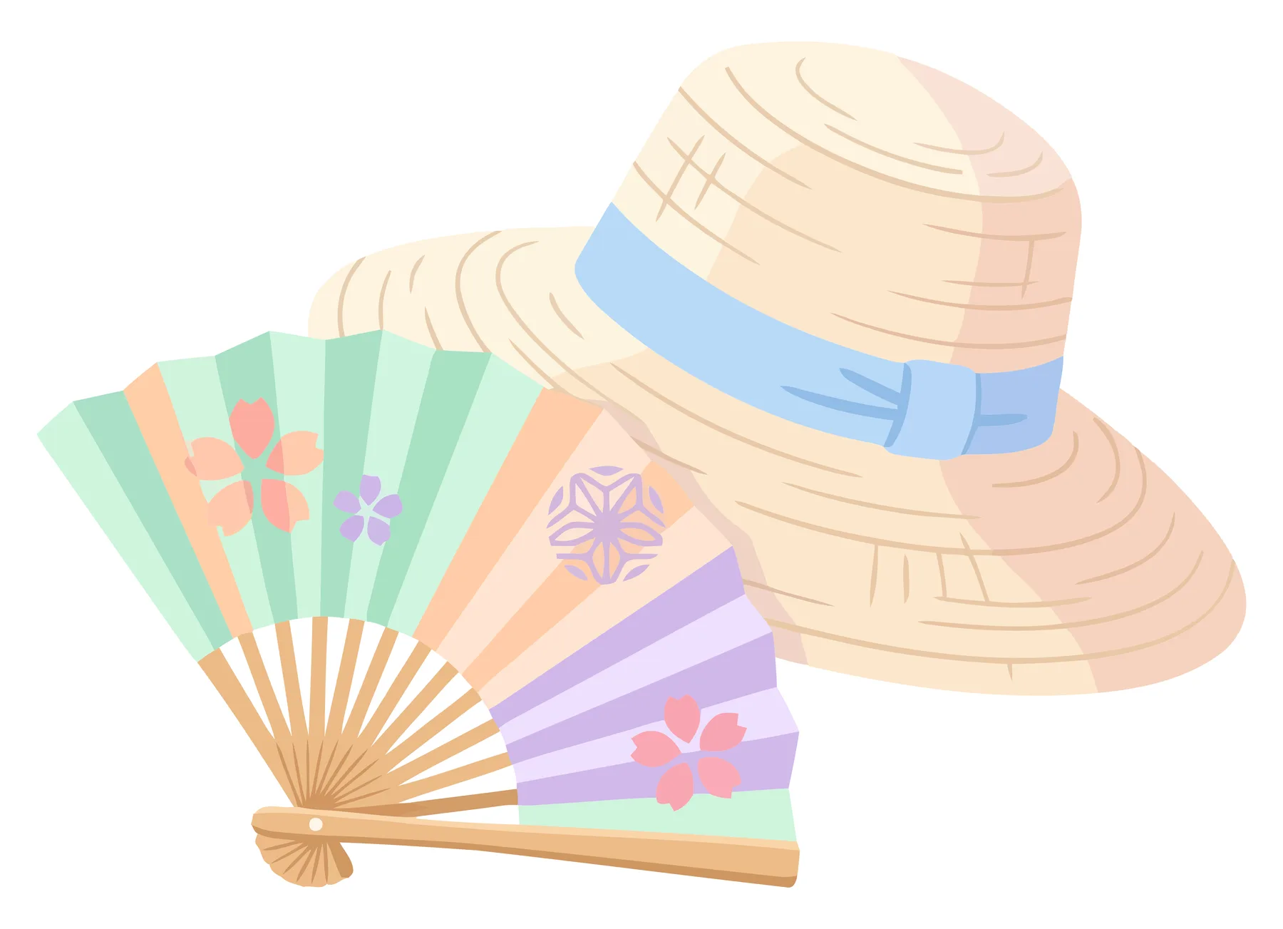straw hat and japanese hand fan isolated on white background