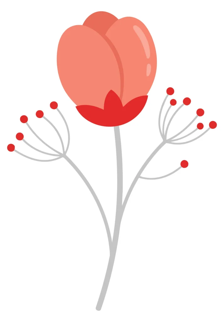 stylized flower illustration with a pink bud and decorative reddotted stems