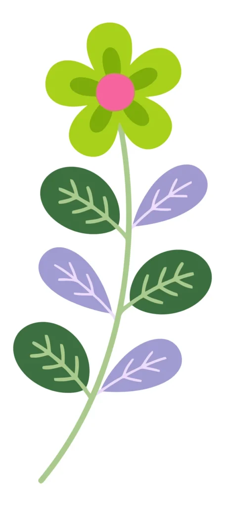 stylized green flower with purple and green leaves
