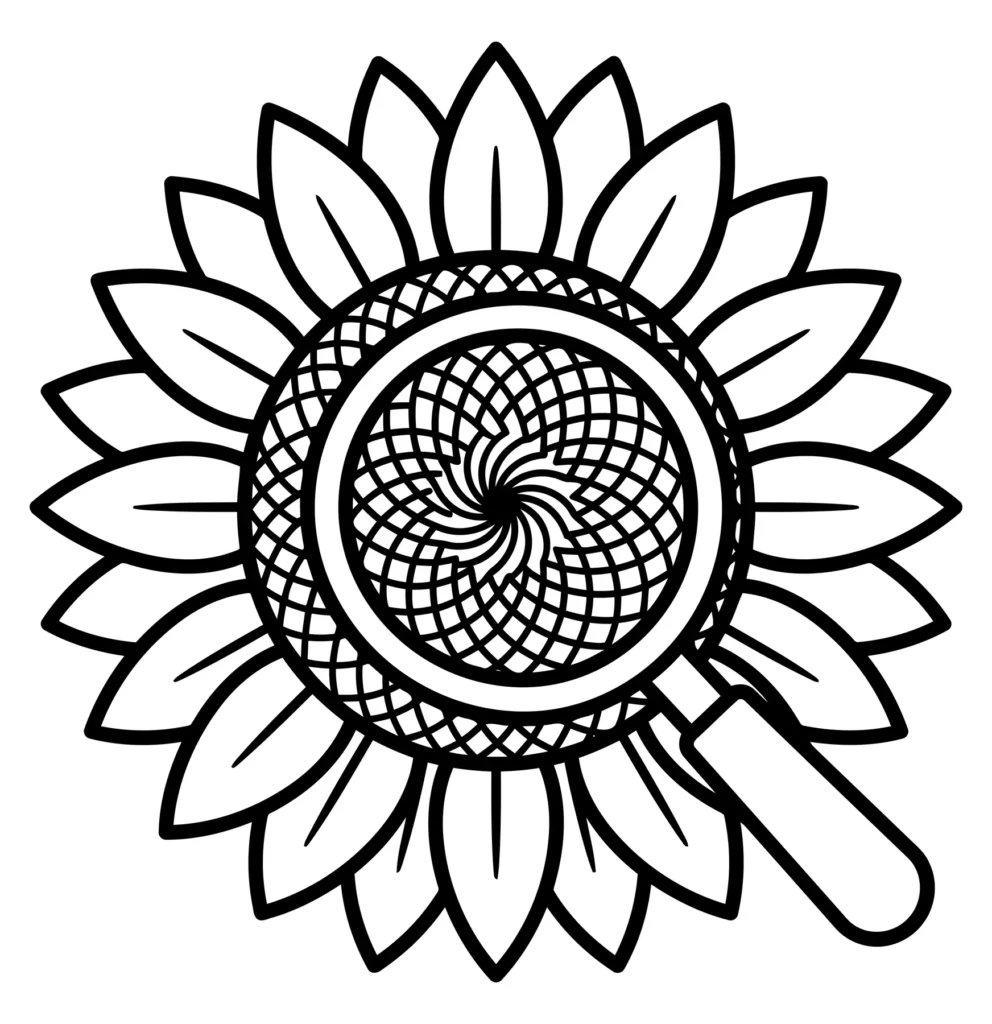 sunflower center viewed through a magnifying glass, line art illustration