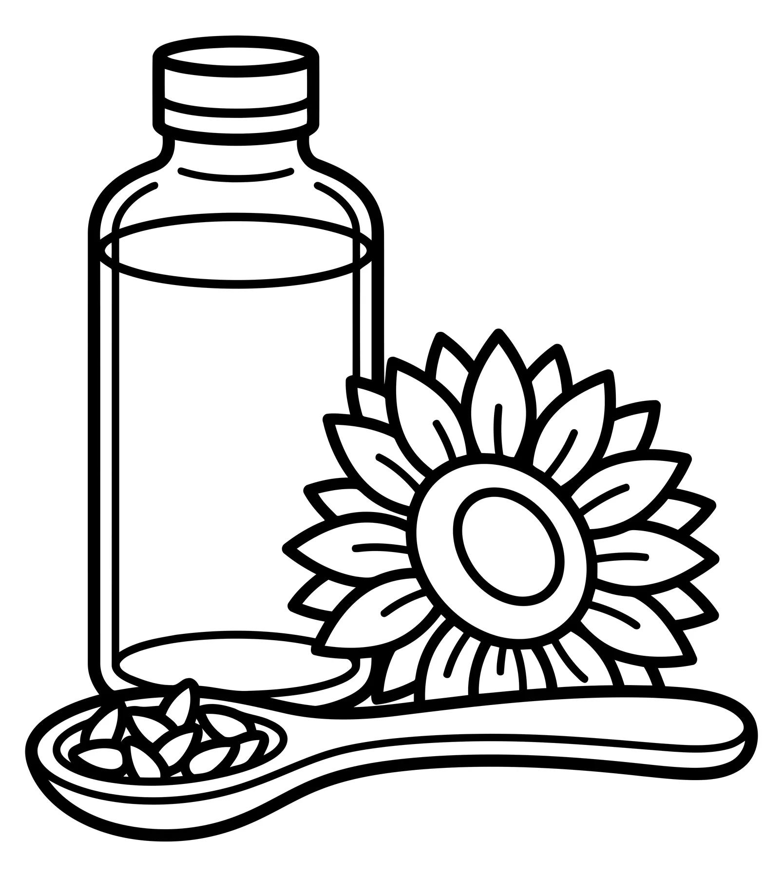 sunflower oil bottle with seeds on a wooden spoon and a sunflower flower