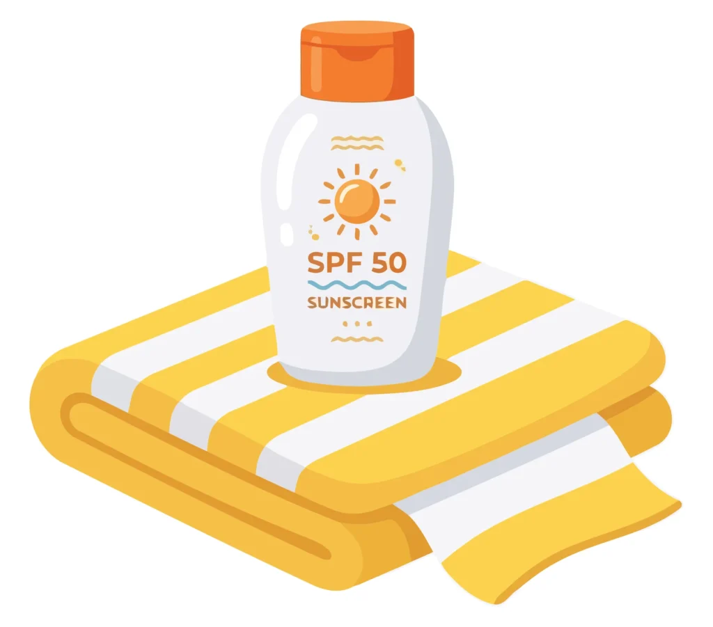 sunscreen bottle with spf 50 label placed on a folded yellow and white striped beach towel, summer vacation essentials illustration