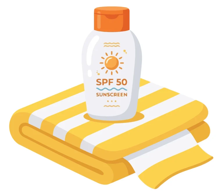 SPF 50 Sunscreen Bottle on Striped Beach Towel Illustration