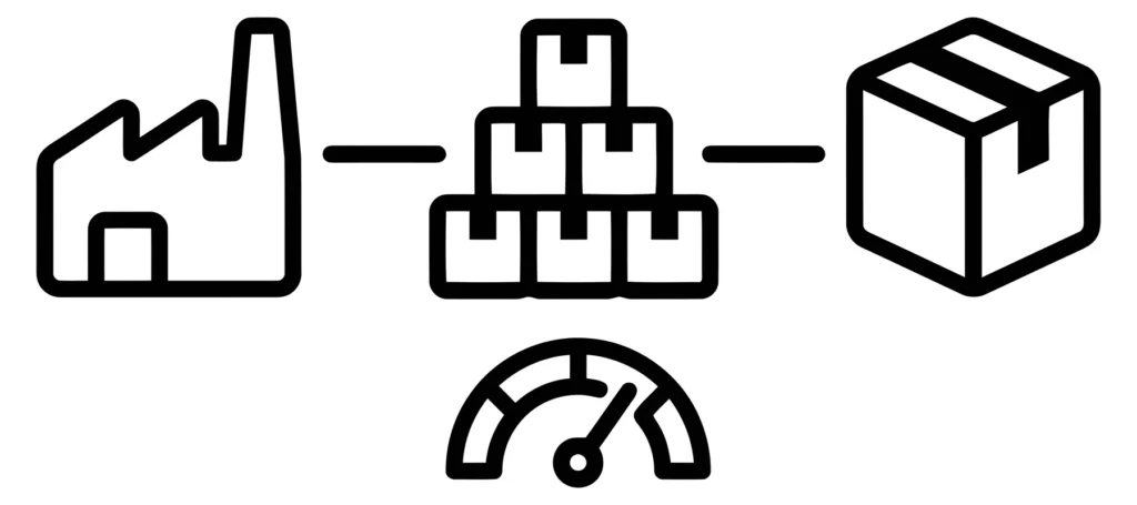 supply chain logistics icon set featuring factory, warehouse inventory, and delivery box with speed gauge