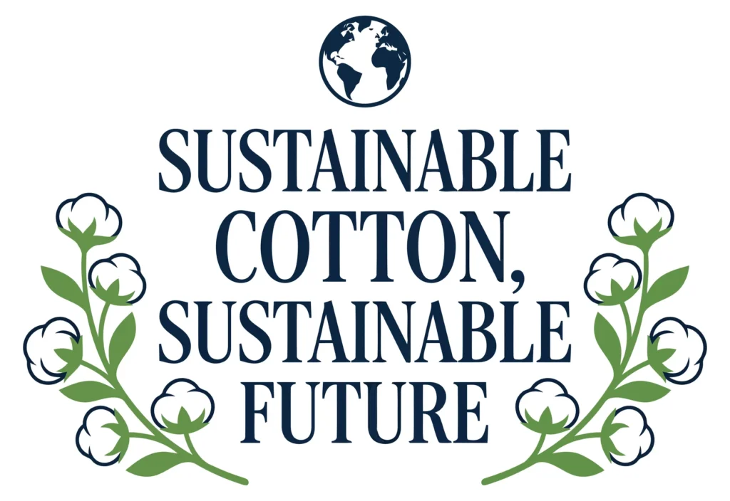 sustainable cotton sustainable future logo with globe and cotton branches