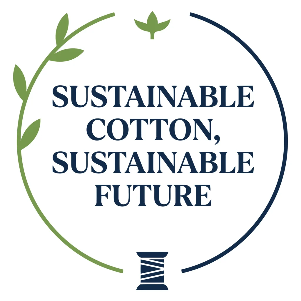 sustainable cotton sustainable future logo with thread spool and leaf illustration