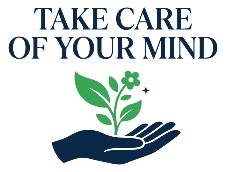 Hand holding a growing plant with mental health text