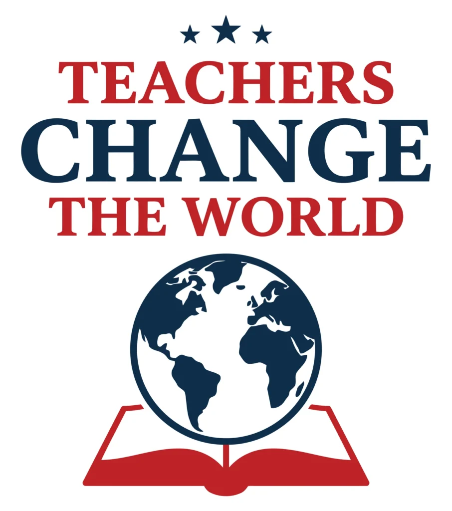teachers change the world typography logo design with globe and book icon