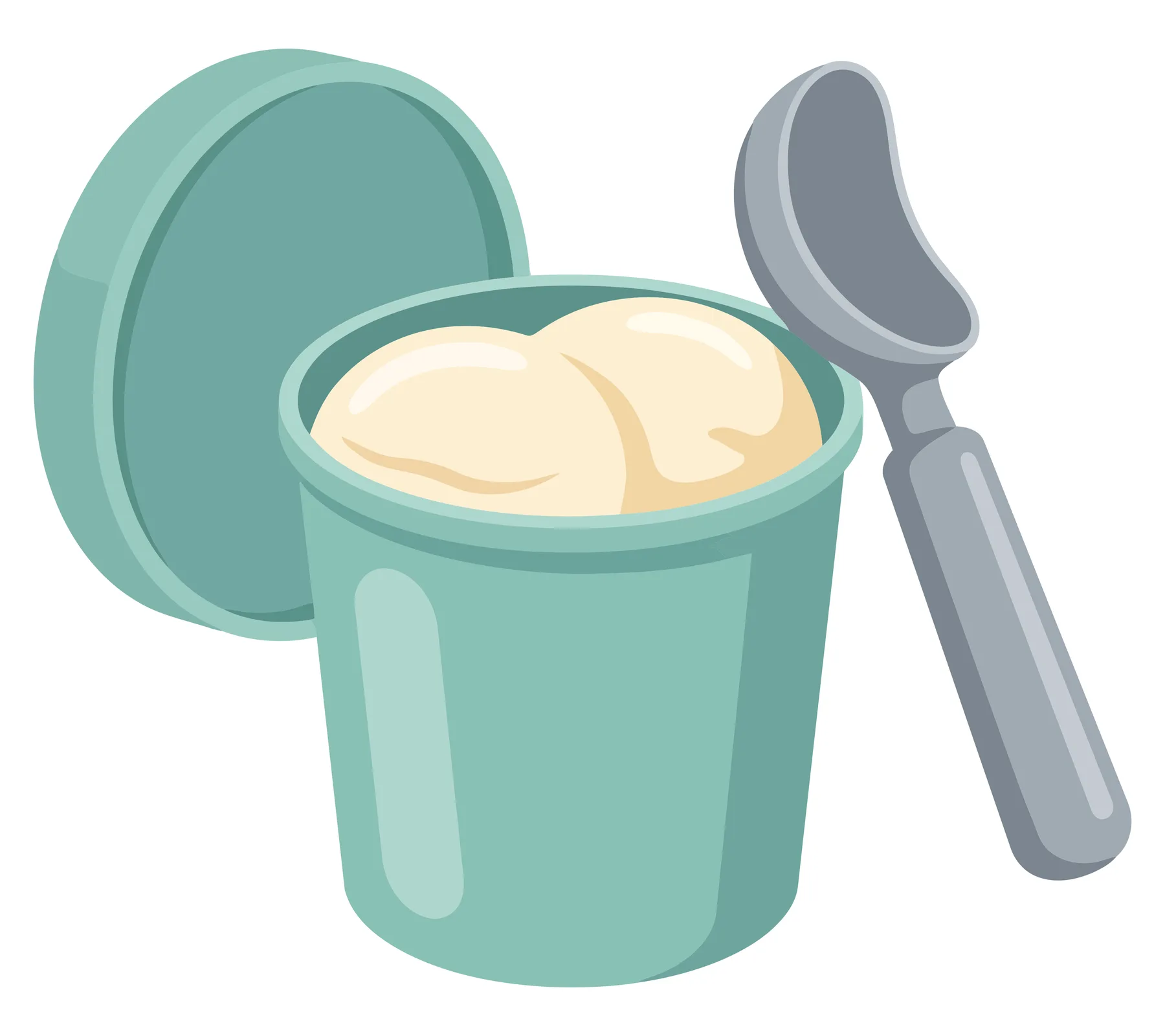 teal ice cream container with lid and scoop isolated on white background