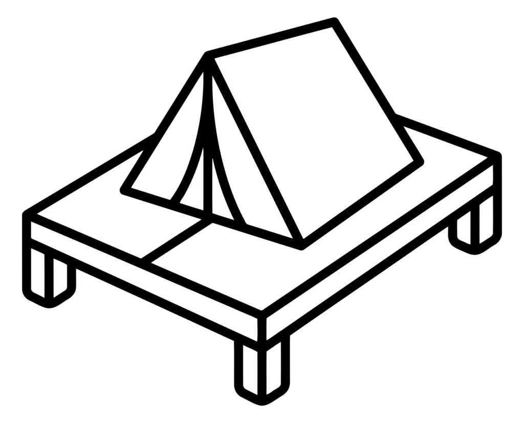 tent on a wooden platform camping icon