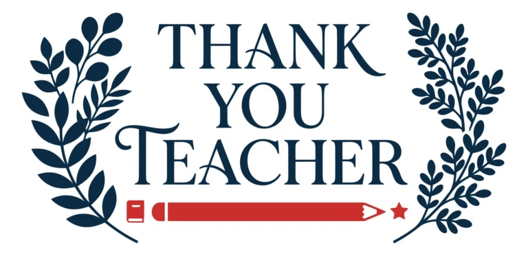Thank You Teacher Text with Floral Wreath and Red Pencil