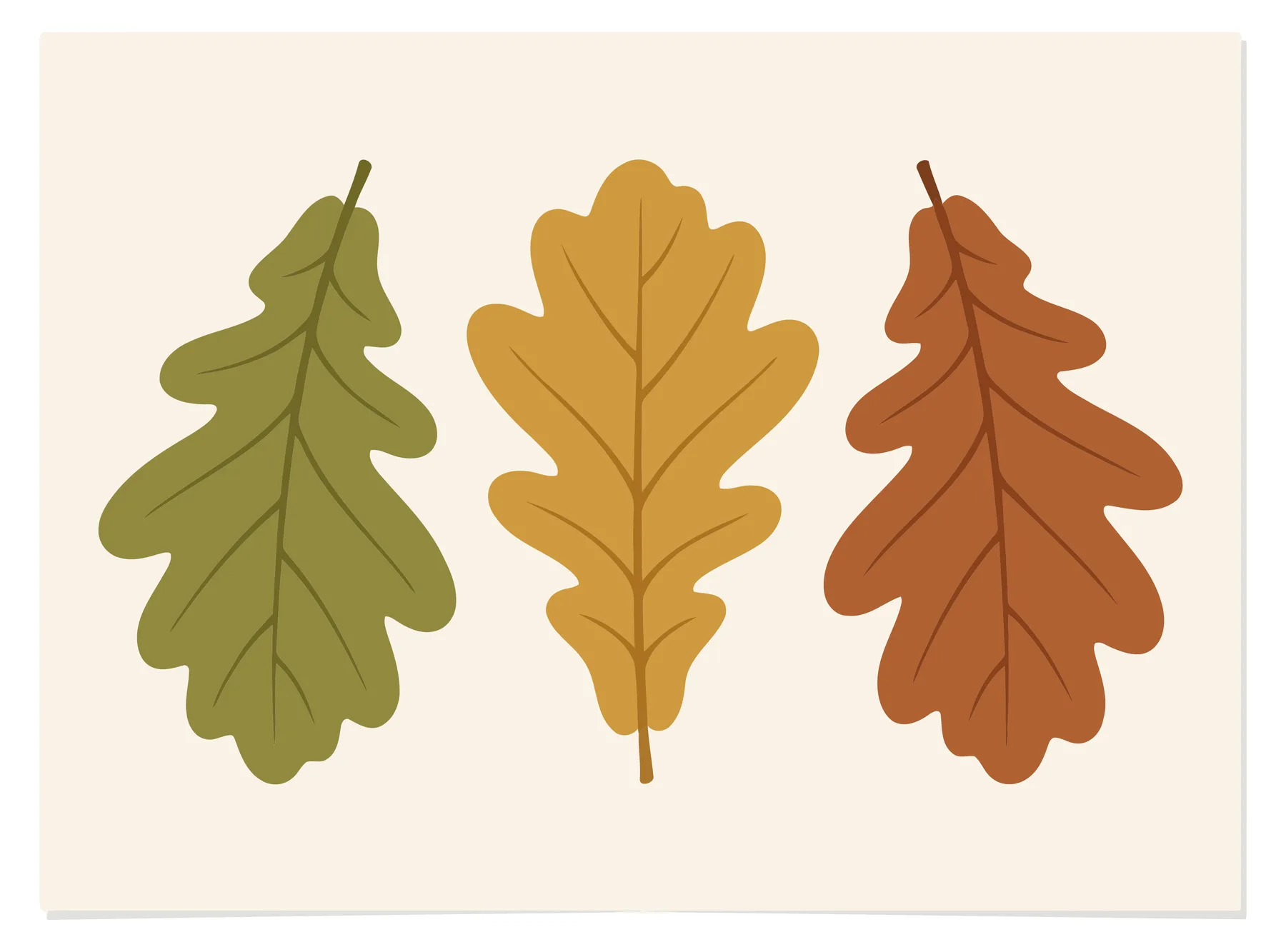 three autumn oak leaves in green, yellow, and brown